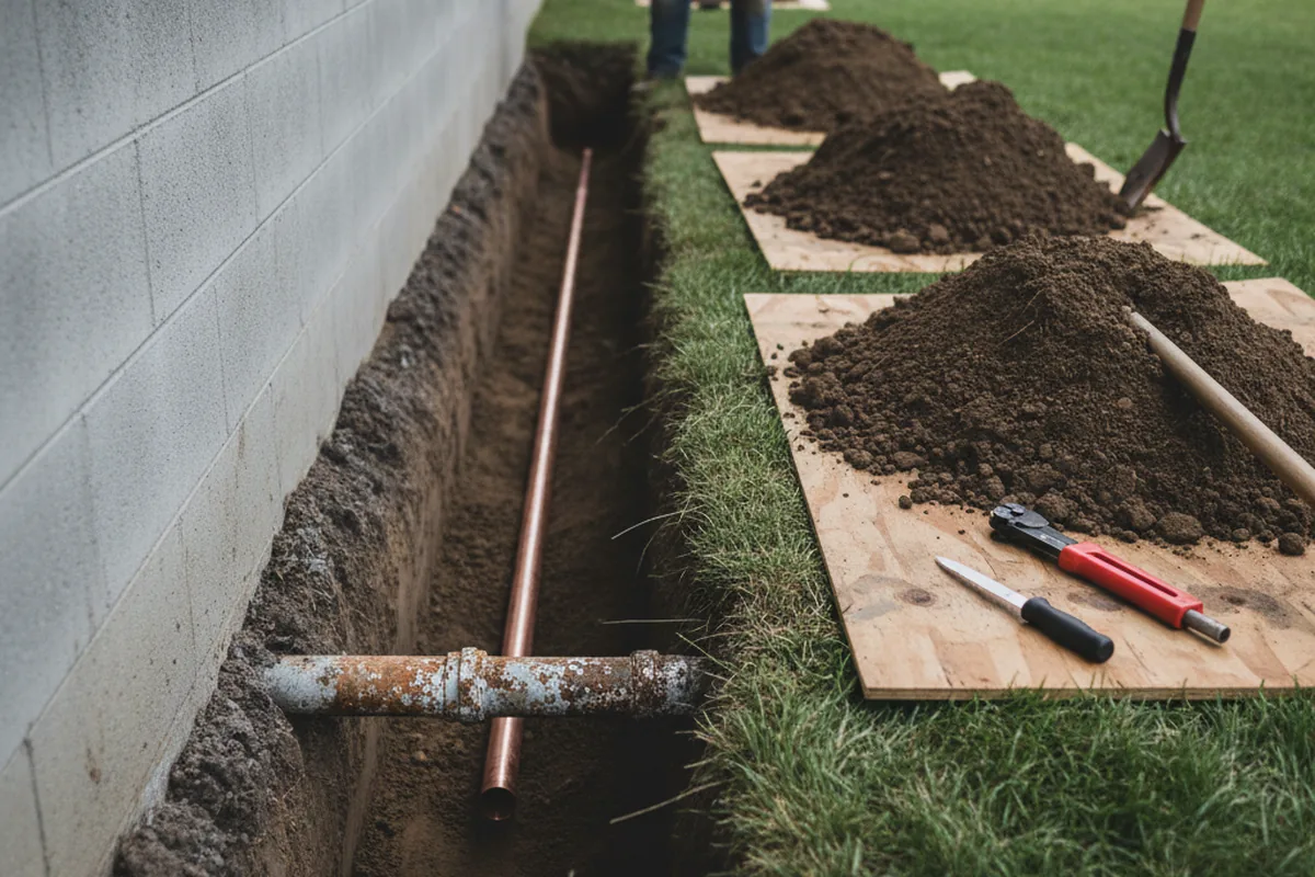 Excavated water line trench during Water Heater Repair in Mchenry